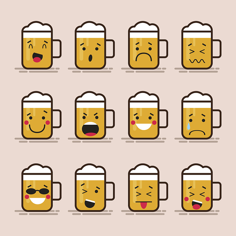 设置可爱的平面设计啤酒性格杯与不同的面部表情，情绪。收集的表情孤立的颜色背景。图片下载