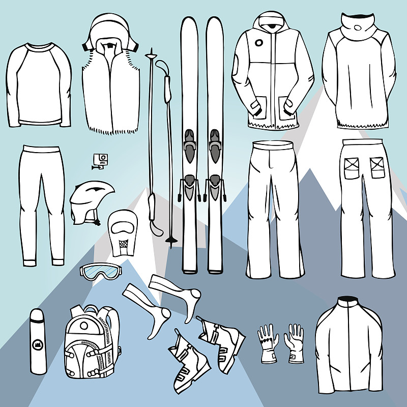 滑雪设备在矢量，滑雪工具包信息图集，滑雪矢量doo图片素材