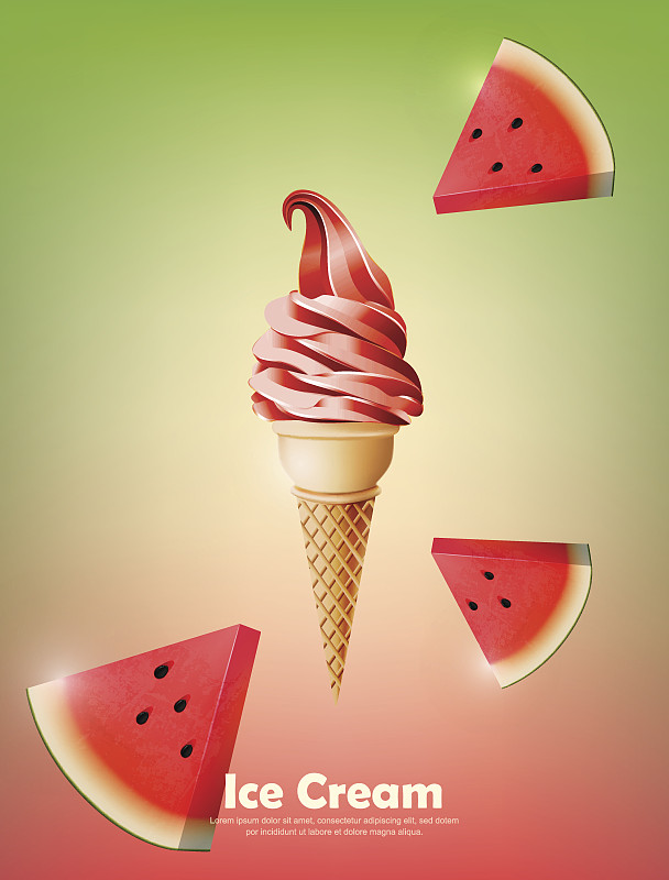 西瓜软筒冰淇淋，倒西瓜背景，透明矢量图片下载