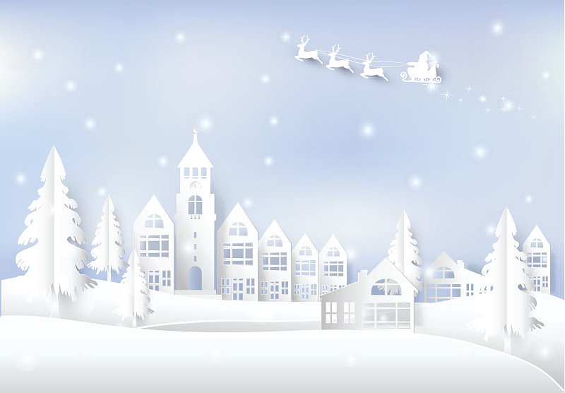 圣诞老人和雪花在城市城镇蓝天的背景。圣诞季纸画图片下载