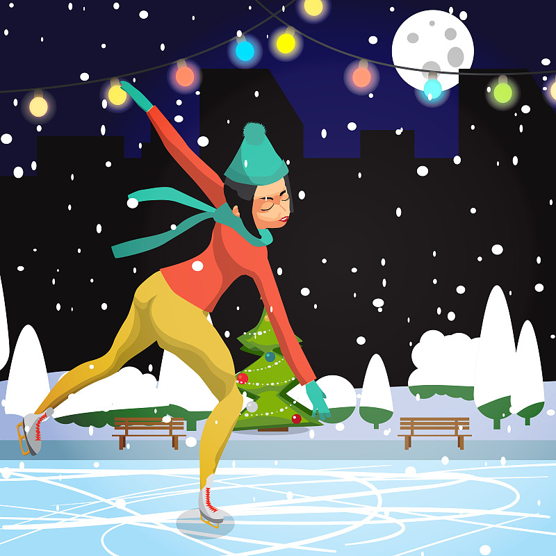 冬季运动。卡通女子滑冰训练图片下载