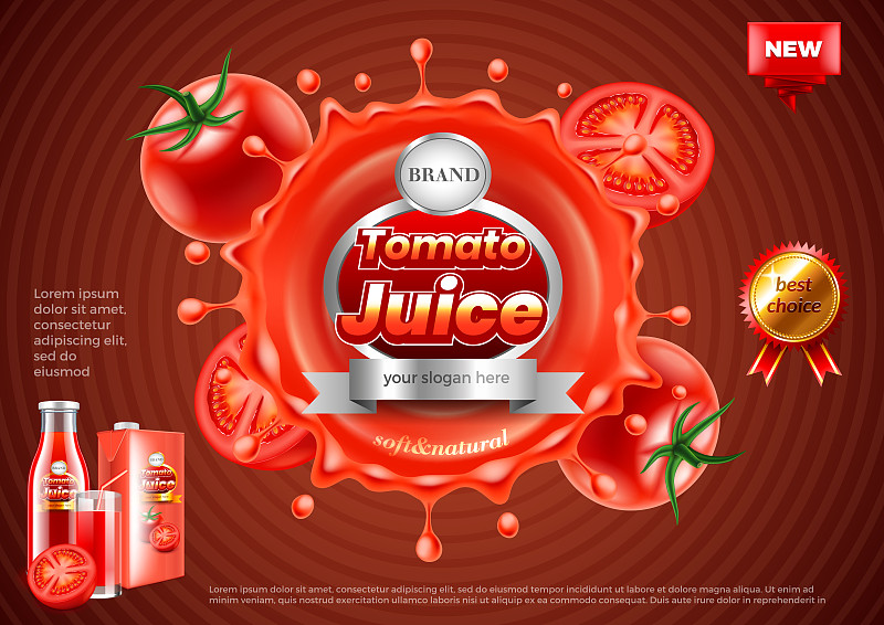 番茄汁广告。溅在黑暗的背景矢量背景图片下载