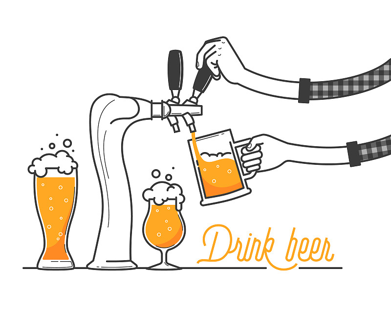 酒吧里的啤酒汩汩作响。德国的慕尼黑啤酒节。喝啤酒排版矢量插图上的白色背景。黄色啤酒和泡沫度假。喝得越多越好。干杯图片下载