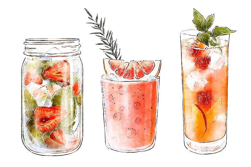 一套彩色的手绘插图美味的夏季鸡尾酒与新鲜的水果和冰在一个美丽的杯子。健康的饮料。维生素的天然饮料。图片下载